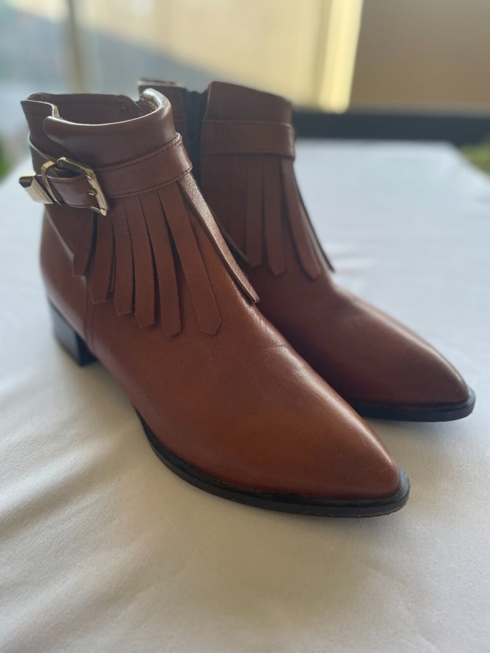 Napoleoni Brown Leather Fringe Gold Buckle Booties Size 38